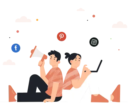an_illustration_of_a_man_and_woman_sitting_back-to-back_using_a_megaphone_and_a_laptop_with_social_media_icons_above_them An illustration of a man and woman sitting back-to-back, using a megaphone and a laptop, with social media icons above them.
